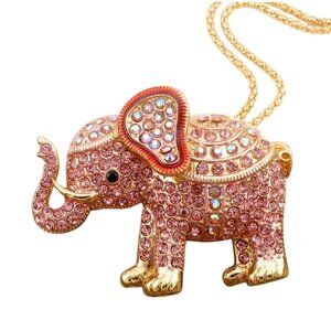 Betsey Johnson Pink Crystal Lucky Elephant Necklace Gold Tone